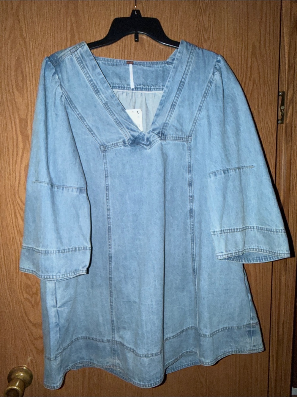 Free People Light Blue Denim V-Neck Midi Tunic Dress